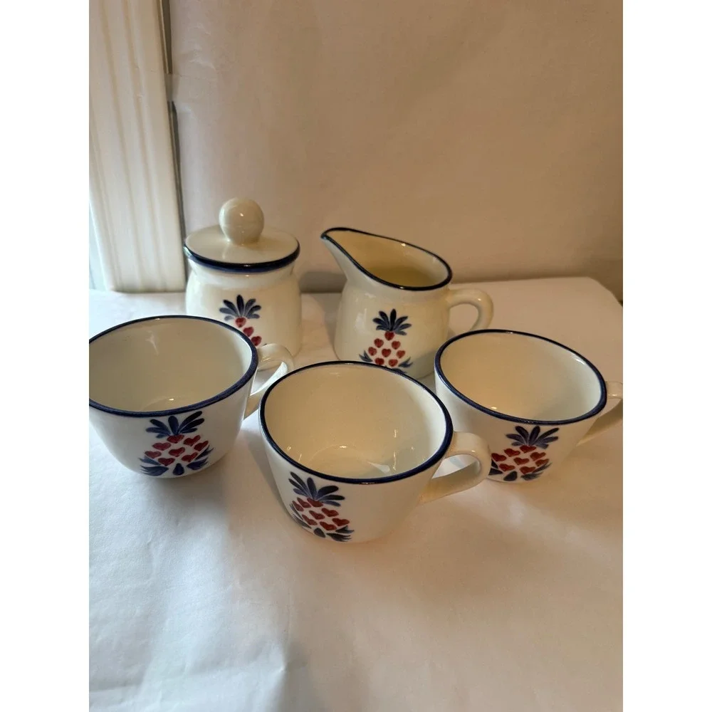 NS Gustin Co Pineapple Creamer Sugar Set with 3 Mugs Hand‎ Decorated Made in USA